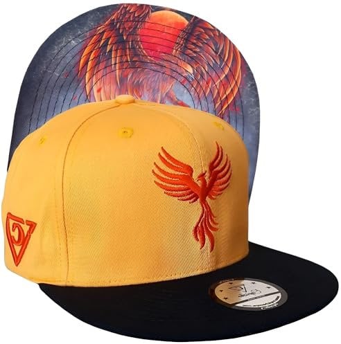 Capiche [99+ Designs] Gelber Snapback Hut, Phoenix SB, Cap Phönix, Unisex Cap, Kappe Herren, Mit Muster, Mythische Kreatur, Unsterblicher Vogel, Senfgelb, Rotes Design