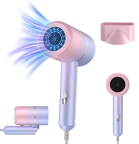 IXYHKB Ionen Haartrockner Klein, Zusammenklappbarer Haartrockner, Föhn Haartrockner Set, Haartrockner mit Stylingdüse, 3 Temperatureinstellungen, Professioneller Haartrockner für Reisen Familie Salon