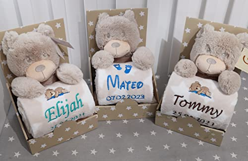 Geschenk-Set New Baby ★ Babydecke mit Namen + Plüschtier ★ Baby-Shower ★ Geburt ★ (Beige - Teddybär 3)