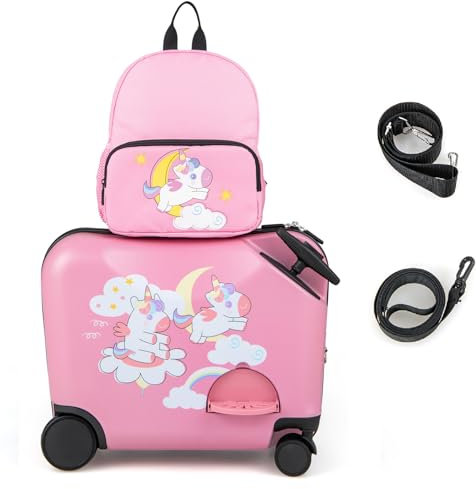COSTWAY Valise Enfants à roulettes 18” avec Sac à Dos 12”, Bagages à Main pour Voyage avec Roues Coque Imperméable Corde pour Tirer et Sangle de Transport Charge 50KG+8KG (Licorne)