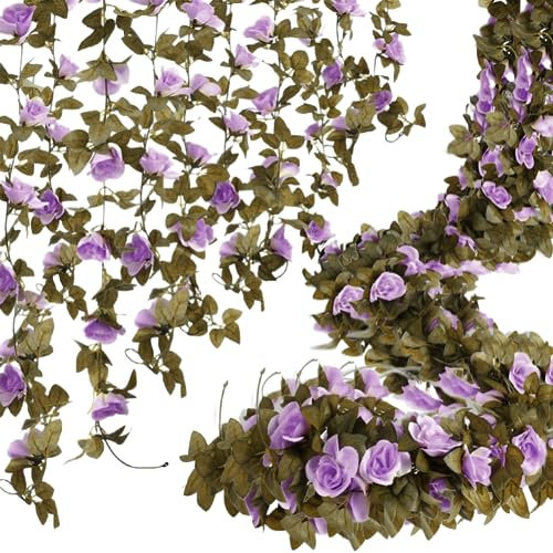 Zepitniy 4 Pièces Guirlande Fleurs Artificielles Guirlande de Lierre Fleurs Artificielles 2.5m Végétaux Rose Artificiel Guirlande Fleur et Feuille pour Jardin Table Clôture D'arche de Mariage-Violet