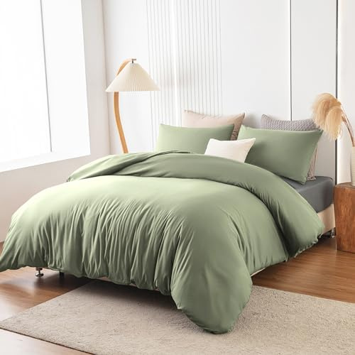 Soifox Bettwäsche 200x200 Salbeigrün - aus Mikrofaser Bügelfrei & Knitterfrei Bettbezug 200 x 200 Set mit 80x80 cm Kissenbezug 2er Set Bettwasche mit Reißverschluss