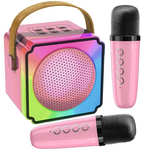 Joycome Karaoke Maschine Kinder mit 2 Mikrofonen, Bluetooth Mini Tragbar Karaoke Anlage mit Stimme Wechselnde Effekte & LED-Lichter für Geschenke 3-18 Jährige Mädchen Spielzeug Erwachsene - Rosa