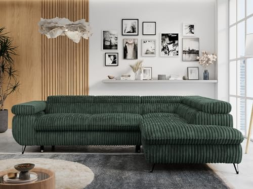 MKS MEBLE Ecksofa Cord Sofa Grün, Wohnlandschaft L-Form mit Schlaffunktion und Bettkasten, Schlafsofa mit Bettkasten, Sofa mit Einstellbare Kopfstützen, Peter L - Grün Cord - Rechts Grün