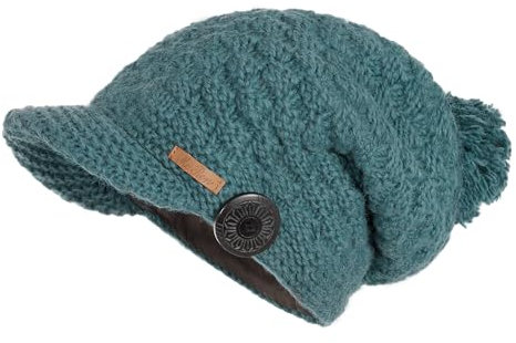 McRon Damen Gefütterte Beanie Wollmütze mit Bommel Mika Taubenblau 184217