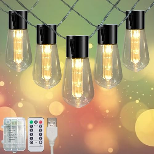 Battery Operated String Lights Indoor, 6.8Ft S14 Patio Lights Outdoor USB Powered 10 LED Shatterproof Edison Bulb String Lights with Remote Timer, String Lights for Outside Camping Deck Xmas Decor