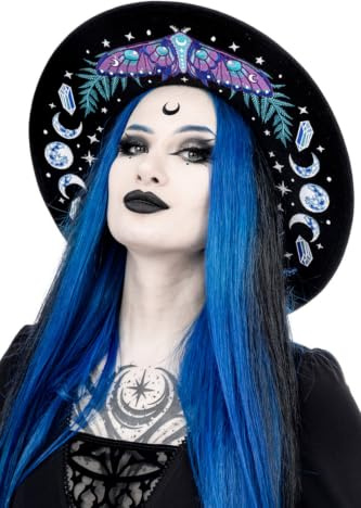 Hexenhut mit breiter Krempe, Sommermode, verzauberter Wald, Damenmodeaccessoire, schwarze Wolle, Gothic, Nugoth, Wicca, okkulter Stil, Fedora, Schwarz