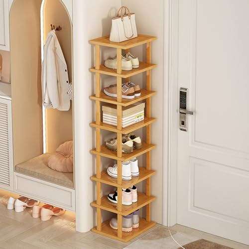 Schuhregal mit 5/7/8 Ebenen, platzsparend, Eck-Schuhregal, abnehmbar, vertikal, kleines schmales Schuhregal aus Holz, schmal, hoher Schuhturm für Eingang, Flur, schmaler Raum (XL)