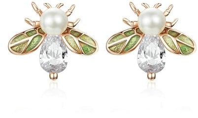 Cute Honey Bee Pearl Small Stud Earrings S925 Sterling Silver for Women Girls Diamond Crystal Insect Bumble Bee Tiny Cartilage Earring Studs Lovely Jewelry Gifts Rose Gold