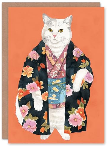 Artery8 White Cat Lover Pet in Floral Japanese Kimono Blank For Him Or Her Art Birthday Card