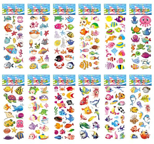 12 Blatt 3D Meerestiere Aufkleber, Kinder Cartoon Fische Puffy Sticker, 3D Ozean Tier Sticker Set, Verschiedenen Unterwasserwelt Tropische Fische Aufkleber, für Jungen Mädchen Geburtstag Dekoration