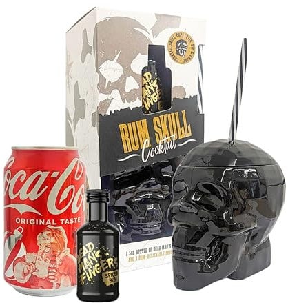 Spiced Rum Gift Set with Drink- Pirate Gift Set of 5cl Spiced Rum Miniature Alcohol Bottles, Skull Shape Cup & Original Fizzy Coke 330ml Cocktail Set for Stocking Fillers, Christmas Gifts for Men