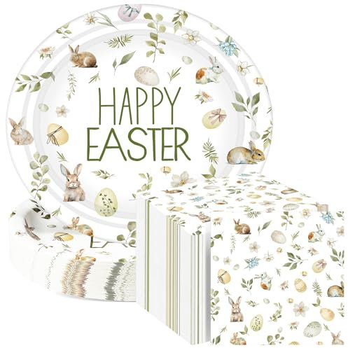 Havawish 150Pcs Easter Paper Plates and Napkins Sets 50Pcs 11 Inch Easter Disposable Oval Plates and 100 Pcs 13 Inch Easter Paper Napkins for Easter Spring Holiday Party Supplies(Happy Easter)
