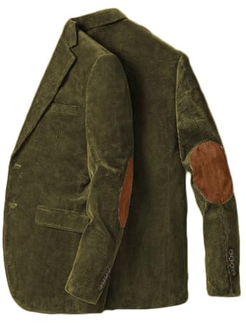 Stillluxury Giacca blazer con toppa al gomito per uomo monopetto in velluto a coste casual cappotto sportivo con risvolto tacca smoking da sposa, Verde oliva, XXL