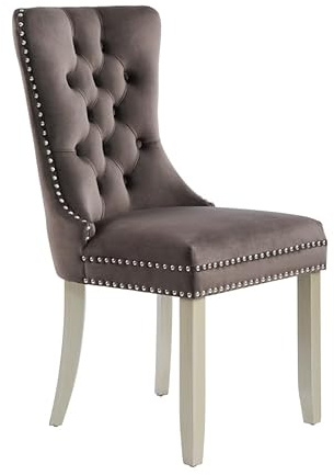 MY Furniture Antoinette Mink Dining Chair - pewter painted legs - decorative back ring- silver studded sides and front - velvet deep buttoned luxurious upholstery -