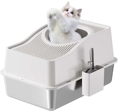 Crevyteg Katzentoilette aus Edelstahl, vollständig geschlossene Katzentoiletten mit hohlem Deckel und erhöhtem Deckel, Spritzschutz, desodorierend, große Katzentoilette, weiß, Waschbecken 20 cm hoch