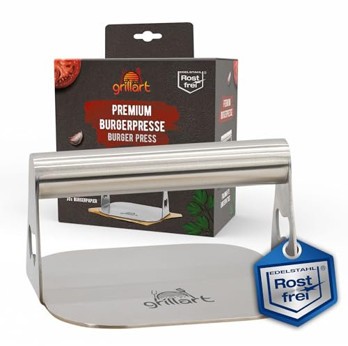 grillart® Premium Burgerpresse aus hochwertigem Edelstahl für Smashed Burger inkl. 30 STK Burgerpapier – Burger Smasher für Plancha & Teppanyaki – Grillpresse aus Edelstahl – ideales Grillzubehör