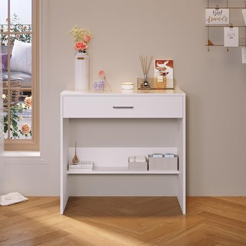 SONNI Schminktisch, Frisierkommode mit großer Schublade mit Unterteilungen und unteres Lagerregal, Frisiertisch, Kosmetiktisch, Schreibtisch, Computertisch, Bürotisch, Arbeitstisch, Weiß, 80x40x77cm.