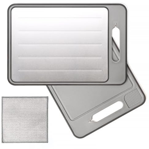 Tabla Cortar Cocina+Bayeta Aluminio Antiarañazos, Doble Cara Para Trocear y Descongelar, Cutting Board,Libre BPA, Chopping Board, Apta Para Lavavajillas, Multifuncion con Rallador y Afilador Cuchillo