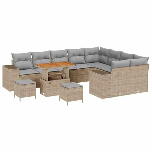 vidaXL 12-teiliges Garten-Sofa-Set mit Kissen in Beige und Hellgrau – modernes Outdoor-Möbel aus UV-beständigem Rattan. Perfekt für Terrassen, Gärten und als modulares Patio-Set aus Akazie.