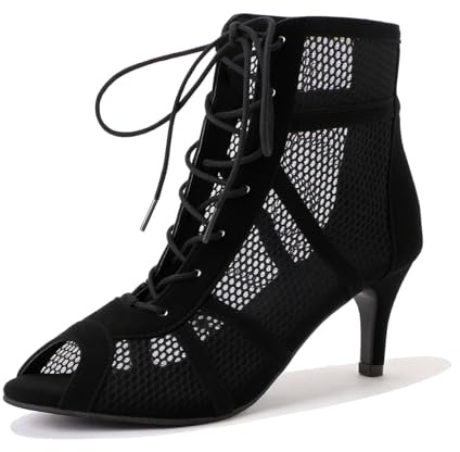 Chaussure Danse Latine Femme Heels Dance-Class Bootie Sandales à Talons Hauts Escarpins Escarpins Noir Mesh Stiletto Talons Hauts Sandales à Lacets avec Bouche de Poisson Chaussures de Danse