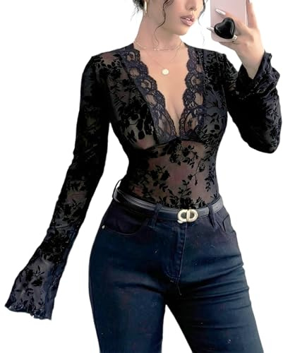 LEBOOBELL Camicetta da Donna con Maniche Campana Pizzo Motivo Floreale Maniche Lunghe Scollo a V Top Sexy