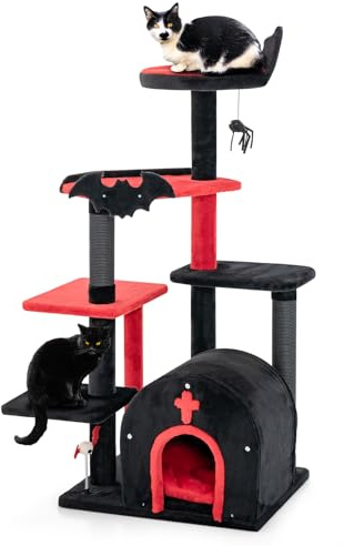 COSTWAY Gothic Cat Tree, 134cm Cat Climbing Tower with Arch-Shaped Condo, Scratching Posts, Pompom & Spring Balls, Indoor Multi-Level Kitten Activity Center