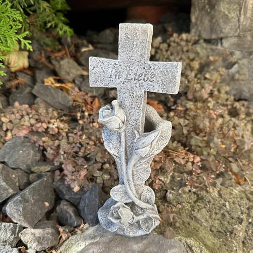 eberin365 GRABWELT – Friedhof Grabvase in massiver Steinoptik 24cm Ø10cm, mit Rosenranke und Kreuz 'In Liebe', grau antik – Blumenvase fürs Grab