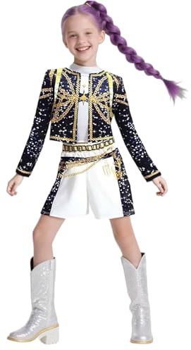 Disfraz infantil de bailarina de pop, conjunto de estilo urbano, cosplay para carnaval y Halloween; conjunto inspirado en estrella de música (Rumi Negro, 7-9)
