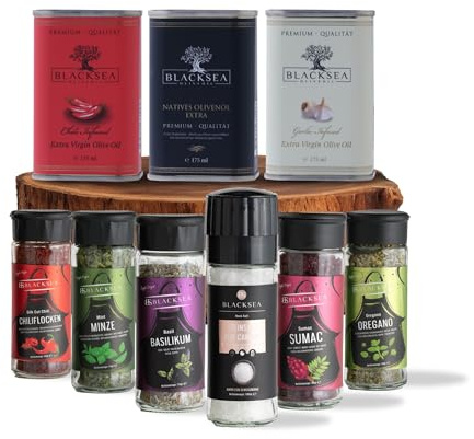Blacksea Premium Geschenkbox – Extra Natives Olivenöl Set (Pur, Chili & Knoblauch) mit Gourmet-Gewürzen & Steinsalz mit Mühle