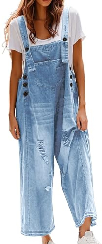 Denim Dungarees for Women UK Casual Adjustable Straps Denim Jumpsuit with Pockets Classic Sleeveless Wide Leg Jeans Overalls Washed Distressed Loose Fit Playsuits Overalls for Holiday Work Daily