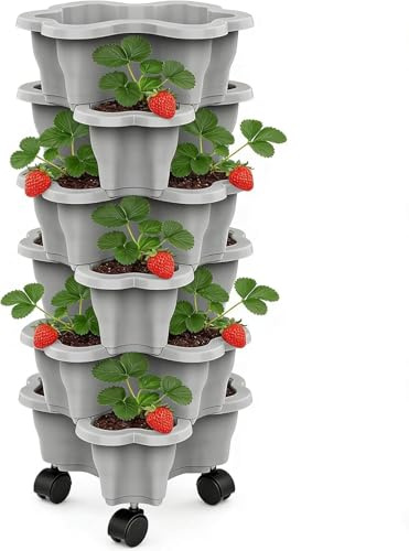 Générique Planteur Fraises | Tour Aux Fraises sur Roues 6 Niveaux | Jardinière Légumes Empilable pour L'extérieur et L'intérieur | Pot Fraisess Vertical Accessoires Jardin pour Fruits, Légumes (Gris)