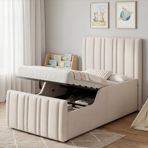 Merax Single Bed Frame, 3ft Single Upholstered Ottoman Bed with Hydraulic Storage, with Headboard and Large Storage Space, Linen, Beige/90x190 cm(No Mattress)