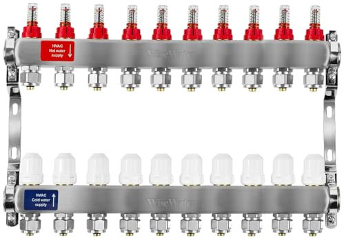 AB PEX-Strahlungskrümmer, 10 Schlaufen, 1,27 cm kompatible Ausgänge, bis zu 1,4 GPM Durchflussventil für hydronische Fußbodenheizung (1,27 cm Anschlüsse im Lieferumfang enthalten)