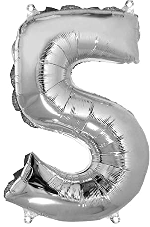 Rayher Hobby Rayher 87037606 Zahl 5 Party-/Folienballon, silber, 40cm hoch, zum Befüllen mit Luft, für Geburtstag, Silverster, Jubiläum