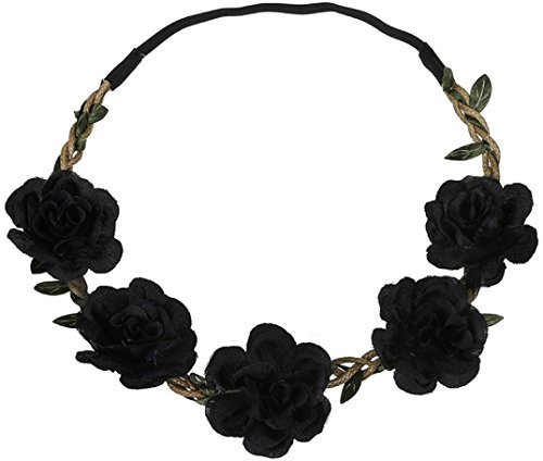 Dinglong Maman Et Moi BOHO Style Artificielle Faux Fleur Bandeau Roses Guirlande Plage Cheveux Accessoires Fille Guirlande Bandeaux De Mariage Garland Front Plage Fleur Couronne (Noir 2)