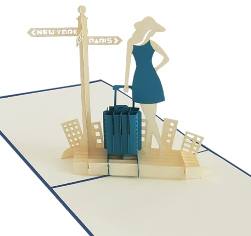 Sweetpopup® 3D Pop Up Karte Reise Glückwunsch | Geburtstagskarte Glückwunschkarte Reisegutschein Geschenkkarte Geburtstag Reise Flugreise Urlaub Abschied | Klappkarte Frau & Koffer, 193