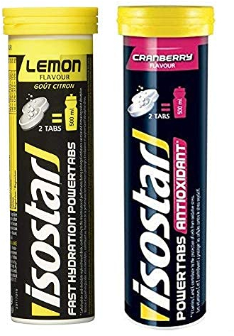 Isostar Powertabs isotonisches Getränk – Sportdrink für intensives Training – kalorienreduzierter Iso Drink – Cranberry + Zitrone, 2 Tuben (2x10 Tabs)