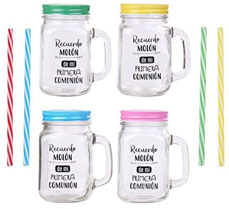 DISOK Lote de 48 Jarra Cristal con Caña Recuerdo Molón Surtido EN Colores - Jarras con Frases, Tazas Originales para Detalles, Recuerdos y Regalos de Comuniones