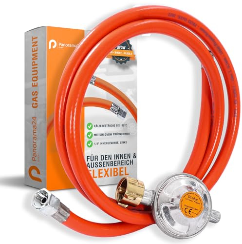 Gasschlauch Set bestehend aus Gasdruckregler 50 mbar und flexiblem Gasschlauch 200 cm - ideal für Gasgrills, Heizstrahler, Hockerkocher, Gaskocher, Lampen, uvm.