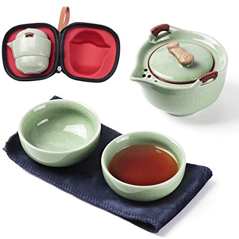 Travel Ceramic Tea Pot Set, Chinese Kung Fu Teapot 1 Pot 2 Mini Cup Porcelain Gongfu Teacups with Infuser Portable Bag All in One for Picnic Outdoor Camping Hotel