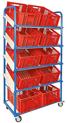 Schrägboden-Regalwagen mit 5 Ebenen, bestückt mit 10 Euroboxen durchbrochen 600x400x240 mm rot