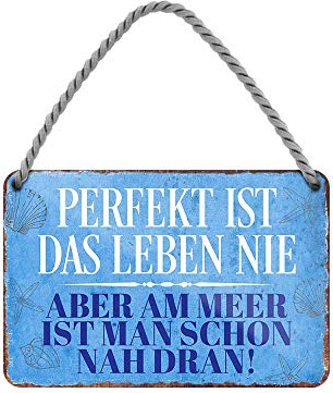 Perfekt ist das Leben nie Aber am Meer ist Man Schon nah dran - Hängeschild mit Kordel und Saugnapf - Maritime Deko für Strandkorb Bad Garten Balkon Terrasse Eingang Lieblingsplatz Boot - 18x12cm