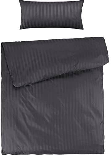 Pure Label Mako Satin Damast Streifen Bettwäsche dunkelgrau 155x220 cm mit Kissenbezug 40x80 cm aus 100% Baumwolle | Traumhaft weiches Mako Satin Bettwäsche Set in Uni
