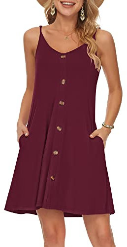 WNEEDU Robe D'été Femme Bretelles Spaghetti de Plage Courte Robes Décontractée Col en V avec Poches Vin Rouge S