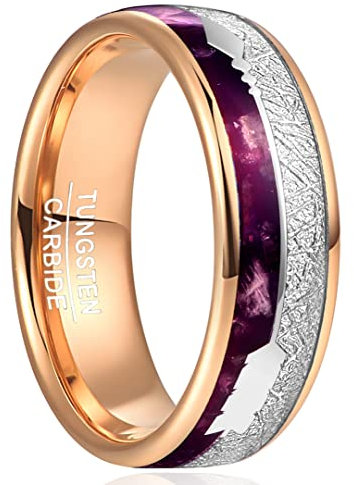 TUNGSTORY Wolfram Ring Roségold 8 mm Lila Achat Einlage, Nachgeahmter Meteoriten Ring Pfeil Ehering, Verlobungsringe, Gewölbt, Poliert, Größe 57(18.1)