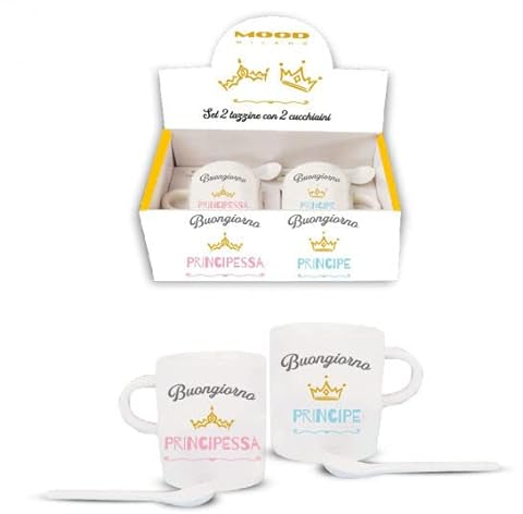 Mood Tazzine Caffè con Cucchiaino Buongiorno Principe e Principessa, Ceramica, Cilindrico, Coppia di Tazze da Caffè, Tazza, Casa, Regalo