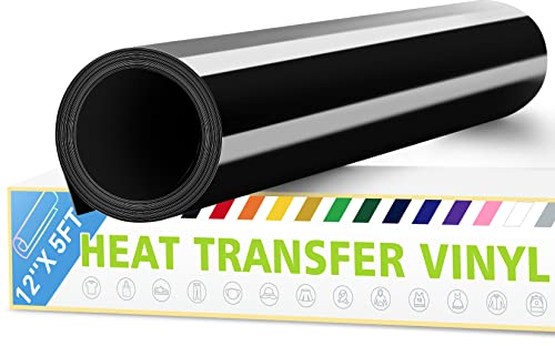 Artcut Heat Transfer Vinyl Roll, 12 x 5ft HTV Iron On Vinyl Bundles, Adhesive Permanent Vinyl, Printable Vinyl Wrap for Fabric T-Shirt, Clothes, Hats, Bags, Crafts, DIY Gift (Black)