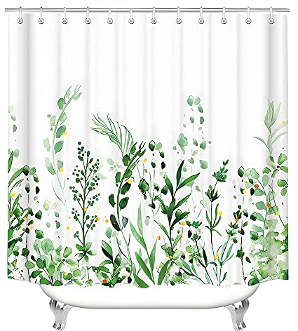 Lerores Duschvorhang 220x200cm Blumen Blätter Beschwerter Saum Antischimmel Textil, Wasserdicht OberfläChe, Waschbar Polyester Stoff Badevorhänge für Badezimmer, Badewanne mit 14 Duschvorhangringe