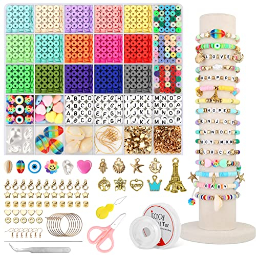 VIEWLON Polymer Clay Perlen Set - 5067 Stück Flache Clay Beads, 6mm Heishi Perlen, Katsuki Buchstaben Smiley Perlen Mix Set, für Armbänder Anhänger Schmuck Selber Machen Set Geschenk Erwachsenes Kind